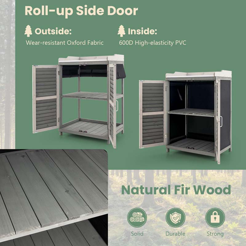 Outdoor Potting Bench Table Garden Wooden Storage Cabinet with Metal Plated Tabletop, 2 Storage Shelves, Magnetic Catch