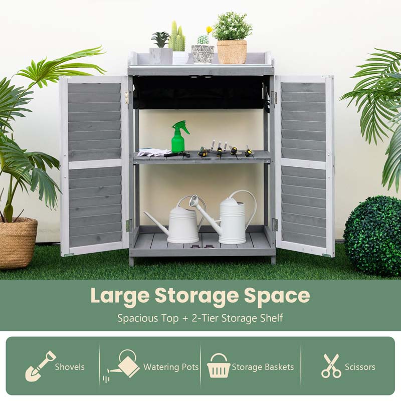 Outdoor Potting Bench Table Garden Wooden Storage Cabinet with Metal Plated Tabletop, 2 Storage Shelves, Magnetic Catch