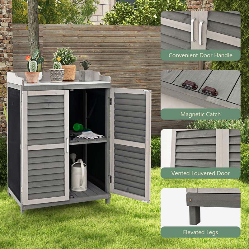 Outdoor Potting Bench Table Garden Wooden Storage Cabinet with Metal Plated Tabletop, 2 Storage Shelves, Magnetic Catch