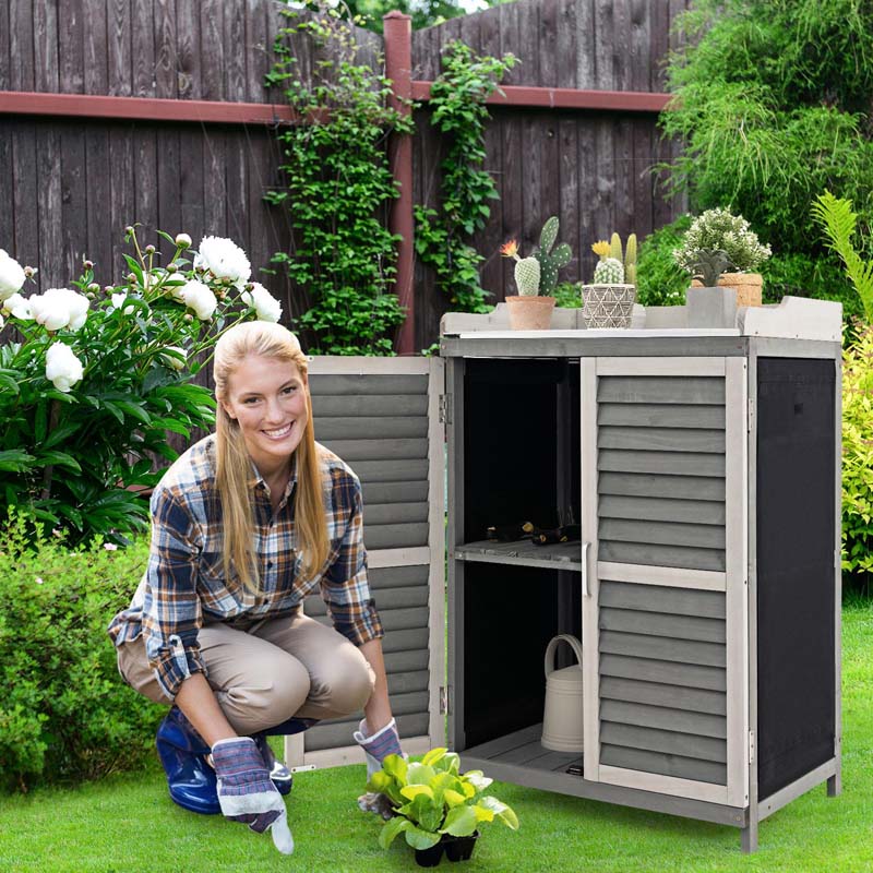 Outdoor Potting Bench Table Garden Wooden Storage Cabinet with Metal Plated Tabletop, 2 Storage Shelves, Magnetic Catch