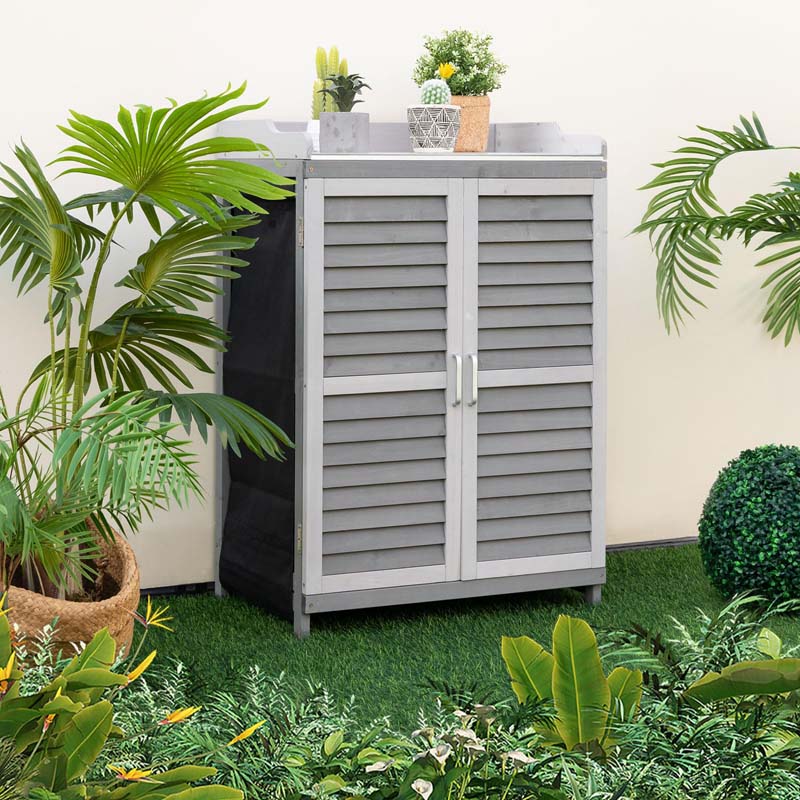 Outdoor Potting Bench Table Garden Wooden Storage Cabinet with Metal Plated Tabletop, 2 Storage Shelves, Magnetic Catch
