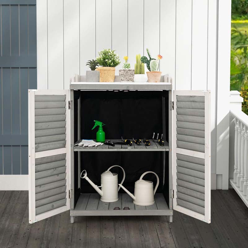 Outdoor Potting Bench Table Garden Wooden Storage Cabinet with Metal Plated Tabletop, 2 Storage Shelves, Magnetic Catch