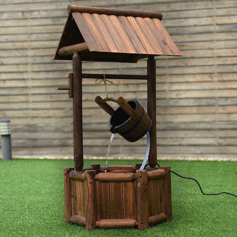Rustic Outdoor Wishing Well Water Fountain with Electric Pump & Bucket, Old-Fashioned Wood Waterfall Fountain for Garden, Backyard & Patio Decor