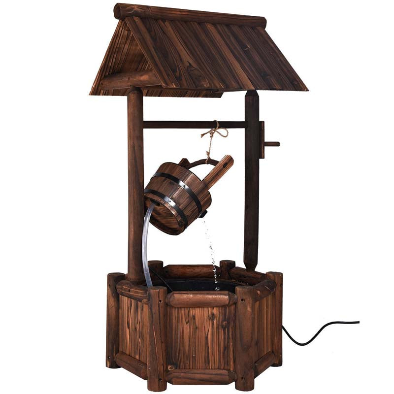 Rustic Outdoor Wishing Well Water Fountain with Electric Pump & Bucket, Old-Fashioned Wood Waterfall Fountain for Garden, Backyard & Patio Decor