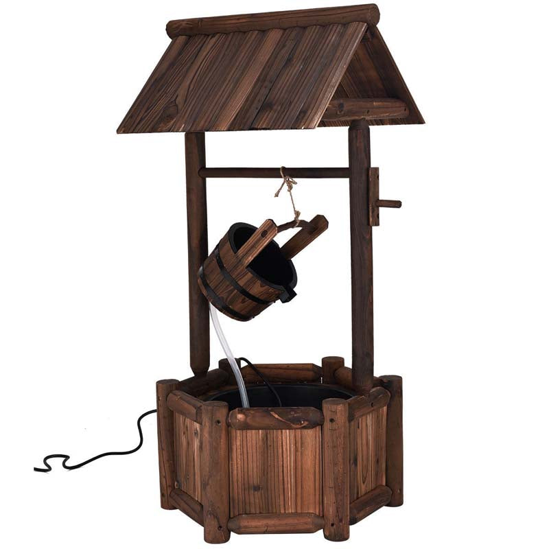 Rustic Outdoor Wishing Well Water Fountain with Electric Pump & Bucket, Old-Fashioned Wood Waterfall Fountain for Garden, Backyard & Patio Decor
