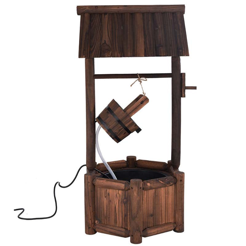 Rustic Outdoor Wishing Well Water Fountain with Electric Pump & Bucket, Old-Fashioned Wood Waterfall Fountain for Garden, Backyard & Patio Decor