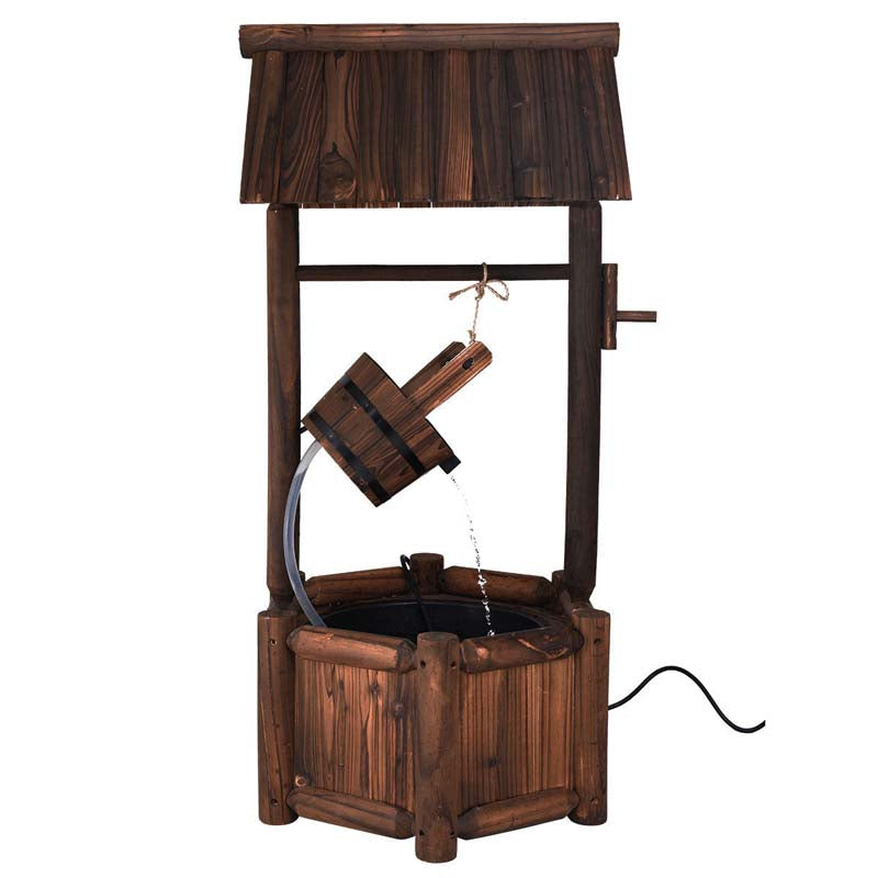Rustic Outdoor Wishing Well Water Fountain with Electric Pump & Bucket, Old-Fashioned Wood Waterfall Fountain for Garden, Backyard & Patio Decor