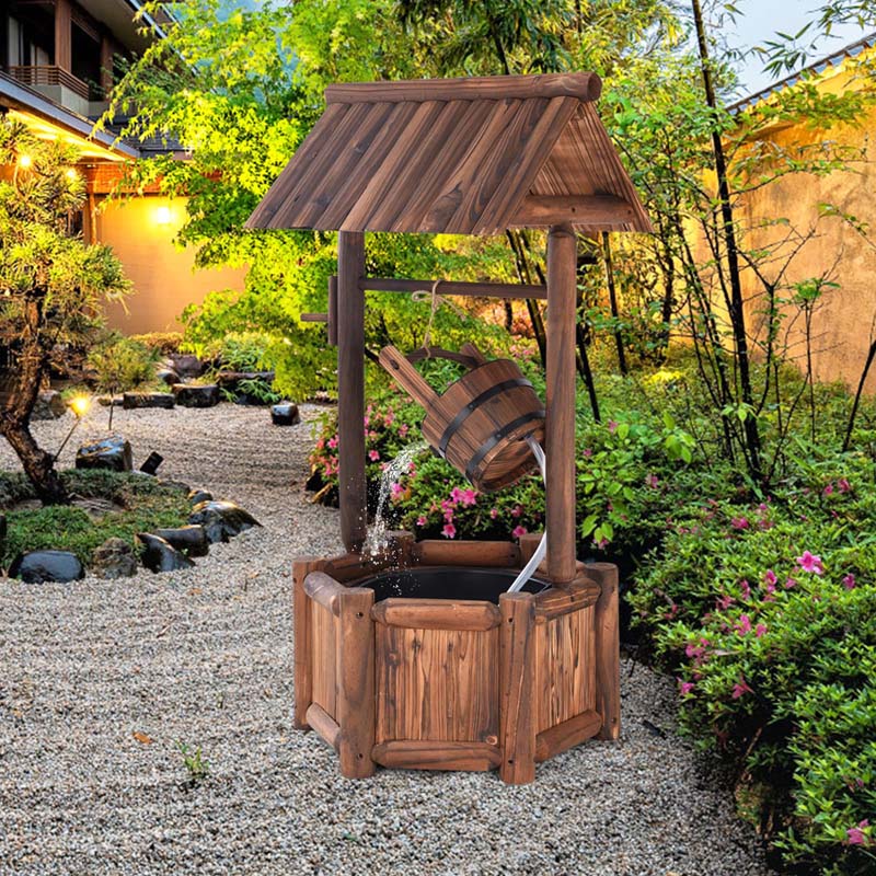 Rustic Outdoor Wishing Well Water Fountain with Electric Pump & Bucket, Old-Fashioned Wood Waterfall Fountain for Garden, Backyard & Patio Decor