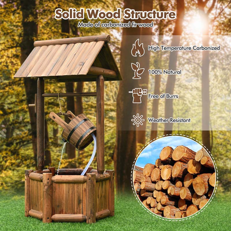 Rustic Outdoor Wishing Well Water Fountain with Electric Pump & Bucket, Old-Fashioned Wood Waterfall Fountain for Garden, Backyard & Patio Decor