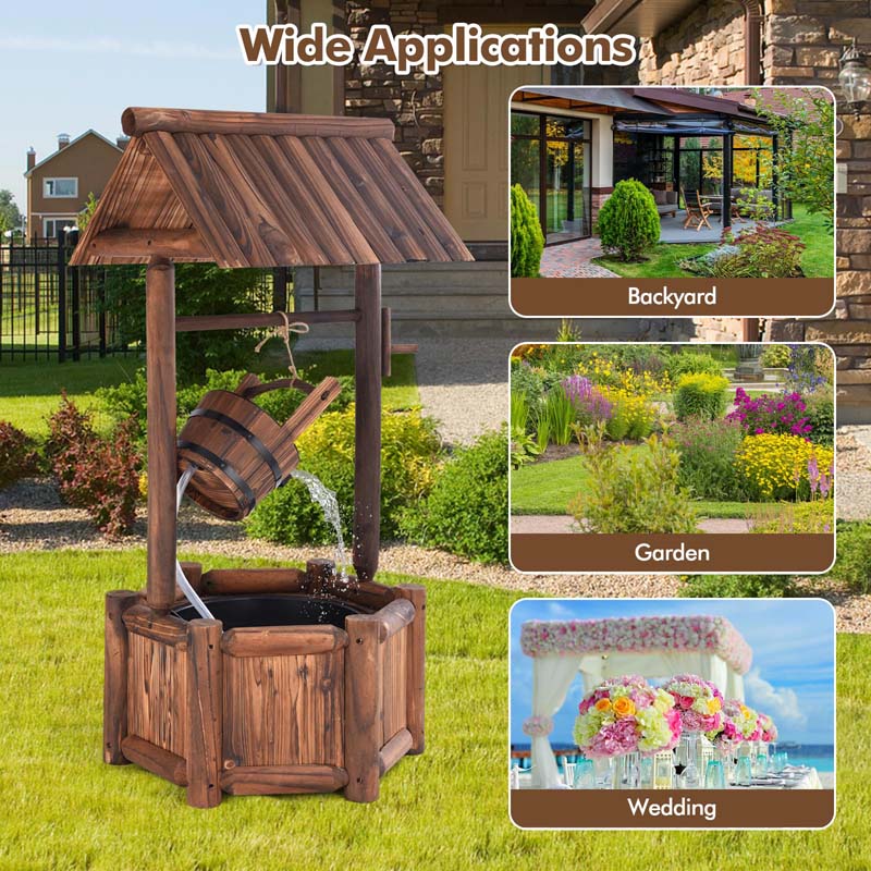 Rustic Outdoor Wishing Well Water Fountain with Electric Pump & Bucket, Old-Fashioned Wood Waterfall Fountain for Garden, Backyard & Patio Decor