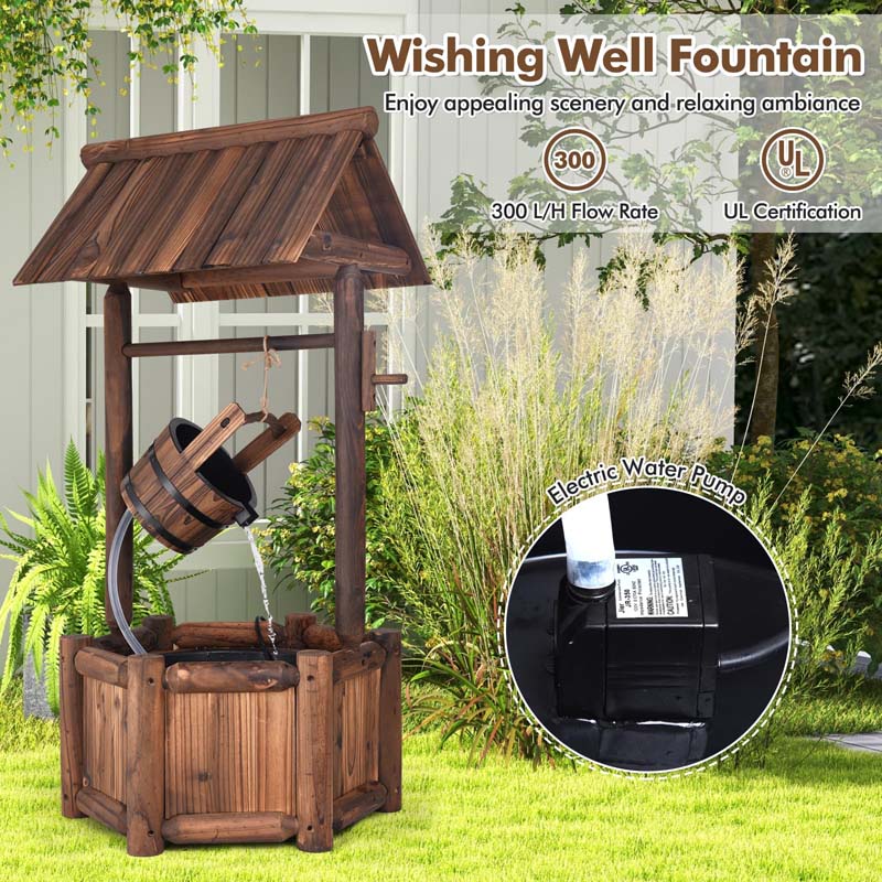 Rustic Outdoor Wishing Well Water Fountain with Electric Pump & Bucket, Old-Fashioned Wood Waterfall Fountain for Garden, Backyard & Patio Decor