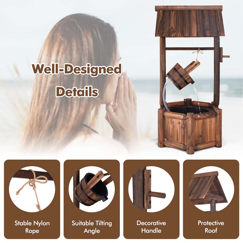 Rustic Outdoor Wishing Well Water Fountain with Electric Pump & Bucket, Old-Fashioned Wood Waterfall Fountain for Garden, Backyard & Patio Decor