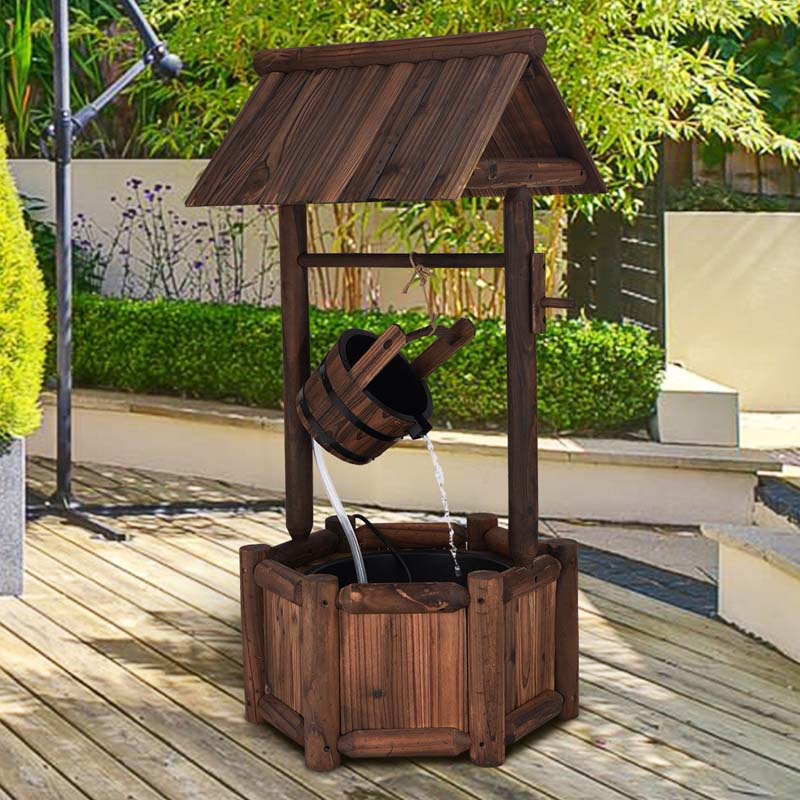 Rustic Outdoor Wishing Well Water Fountain with Electric Pump & Bucket, Old-Fashioned Wood Waterfall Fountain for Garden, Backyard & Patio Decor