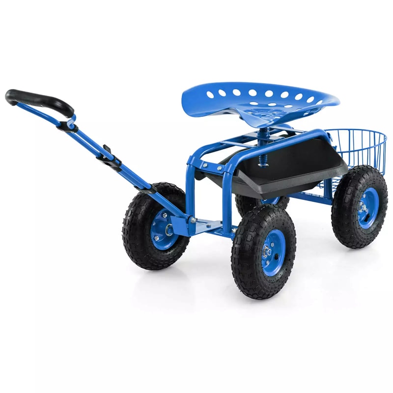 Heavy Duty Rolling Garden Cart Workseat with Tool Tray, 360 Swivel Seat, Storage Basket, Extendable Steering Handle
