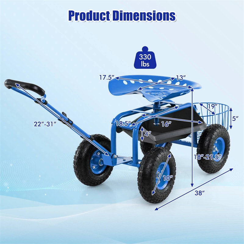 Heavy Duty Rolling Garden Cart Workseat with Tool Tray, 360 Swivel Seat, Storage Basket, Extendable Steering Handle