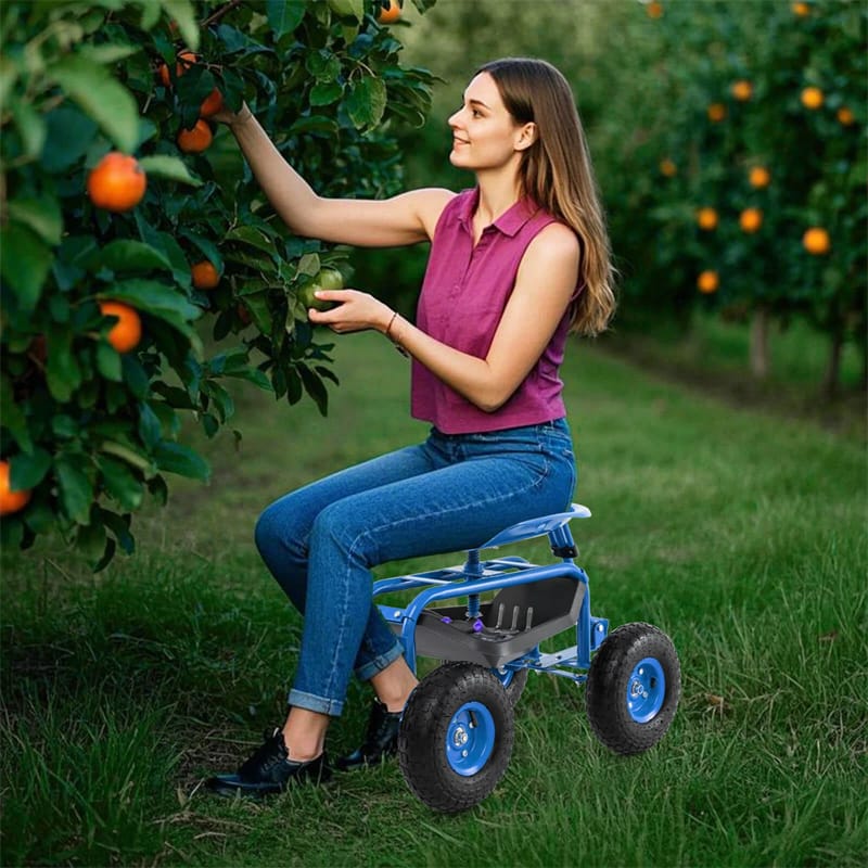 Heavy Duty Rolling Garden Cart Workseat with Tool Tray, 360 Swivel Seat, Storage Basket, Extendable Steering Handle