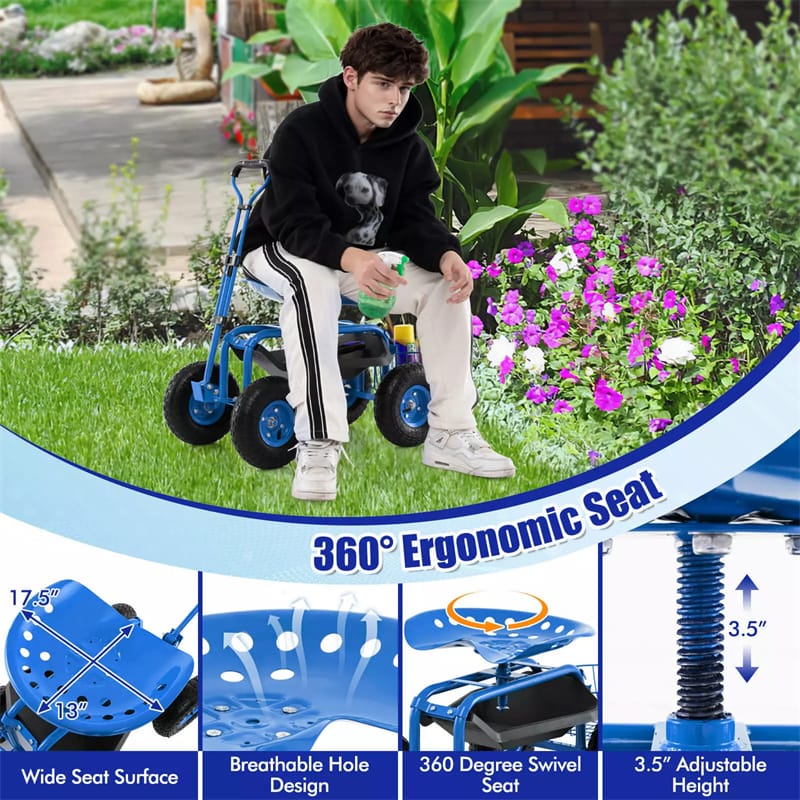 Heavy Duty Rolling Garden Cart Workseat with Tool Tray, 360 Swivel Seat, Storage Basket, Extendable Steering Handle