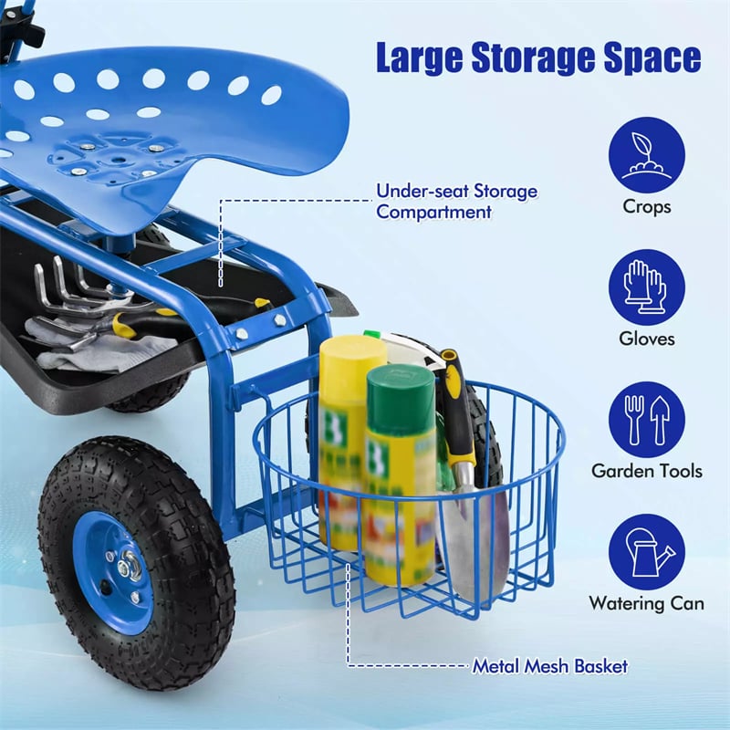 Heavy Duty Rolling Garden Cart Workseat with Tool Tray, 360 Swivel Seat, Storage Basket, Extendable Steering Handle