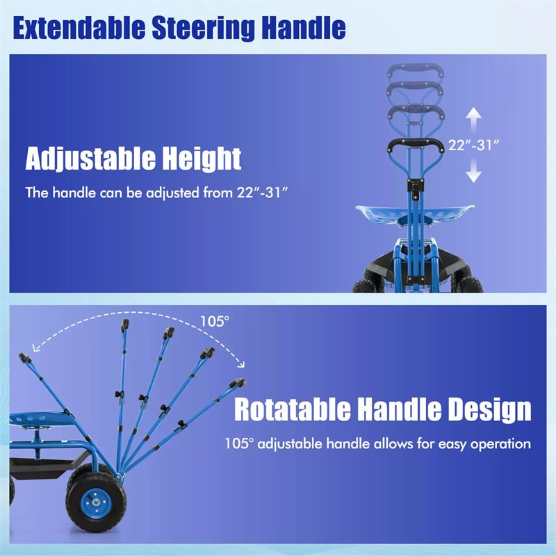 Heavy Duty Rolling Garden Cart Workseat with Tool Tray, 360 Swivel Seat, Storage Basket, Extendable Steering Handle