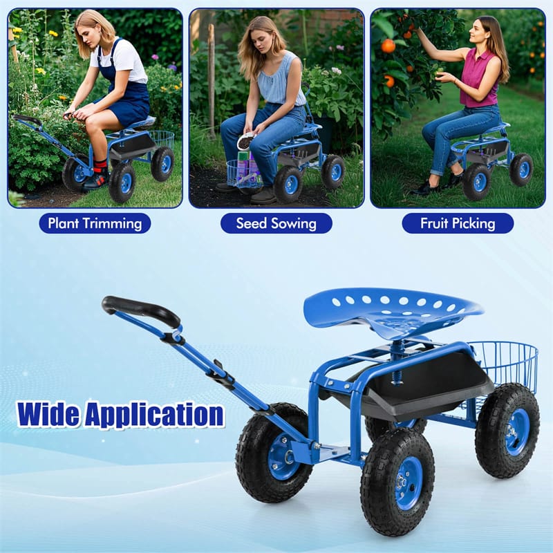 Heavy Duty Rolling Garden Cart Workseat with Tool Tray, 360 Swivel Seat, Storage Basket, Extendable Steering Handle