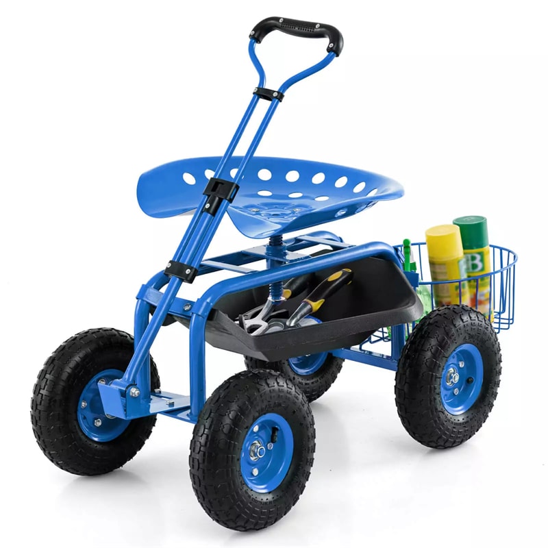 Heavy Duty Rolling Garden Cart Workseat with Tool Tray, 360 Swivel Seat, Storage Basket, Extendable Steering Handle