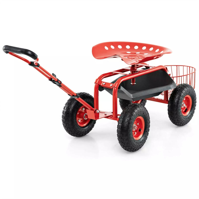 Heavy Duty Rolling Garden Cart Workseat with Tool Tray, 360 Swivel Seat, Storage Basket, Extendable Steering Handle