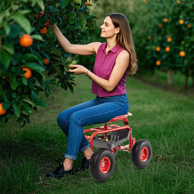 Heavy Duty Rolling Garden Cart Workseat with Tool Tray, 360 Swivel Seat, Storage Basket, Extendable Steering Handle