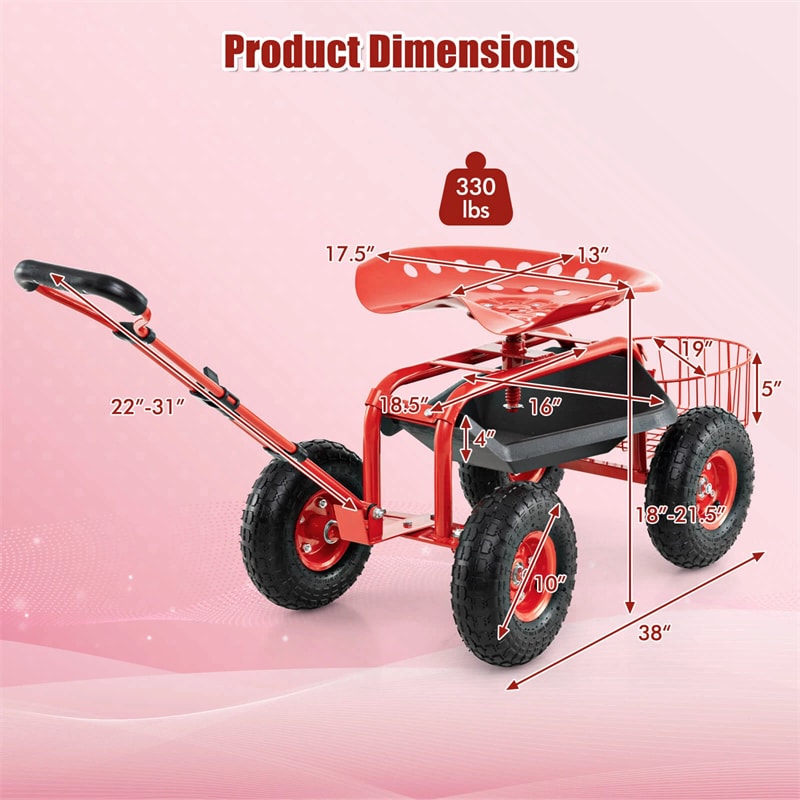 Heavy Duty Rolling Garden Cart Workseat with Tool Tray, 360 Swivel Seat, Storage Basket, Extendable Steering Handle