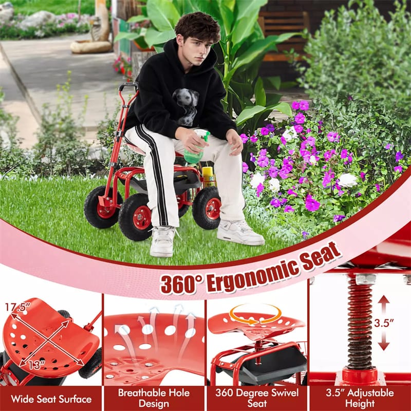 Heavy Duty Rolling Garden Cart Workseat with Tool Tray, 360 Swivel Seat, Storage Basket, Extendable Steering Handle