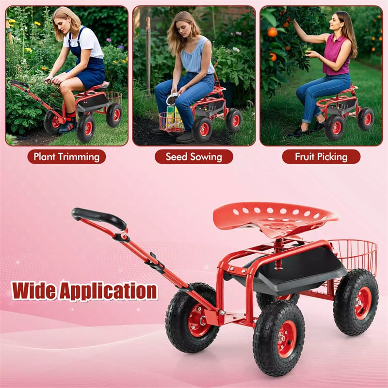 Heavy Duty Rolling Garden Cart Workseat with Tool Tray, 360 Swivel Seat, Storage Basket, Extendable Steering Handle