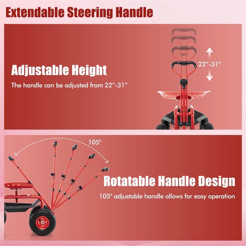 Heavy Duty Rolling Garden Cart Workseat with Tool Tray, 360 Swivel Seat, Storage Basket, Extendable Steering Handle