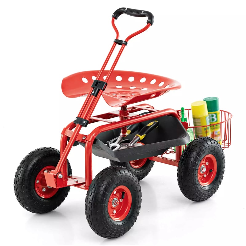 Heavy Duty Rolling Garden Cart Workseat with Tool Tray, 360 Swivel Seat, Storage Basket, Extendable Steering Handle