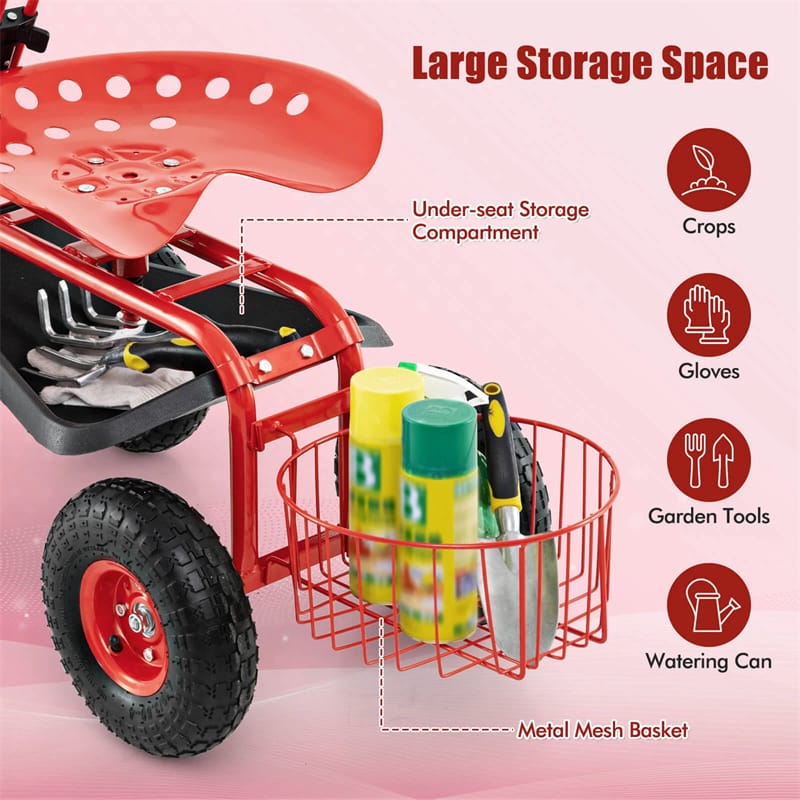 Heavy Duty Rolling Garden Cart Workseat with Tool Tray, 360 Swivel Seat, Storage Basket, Extendable Steering Handle