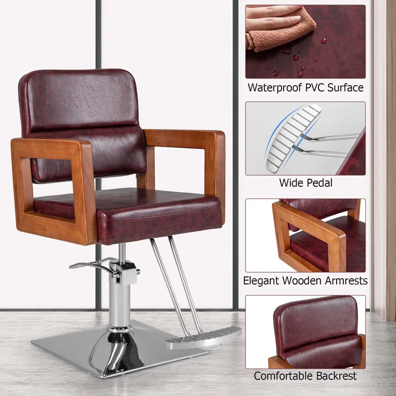 Sleek Red 360° Swivel Barber Salon Chair for Hair Stylist with Wood Armrest, Adjustable Height, Heavy-Duty Hydraulic Pump