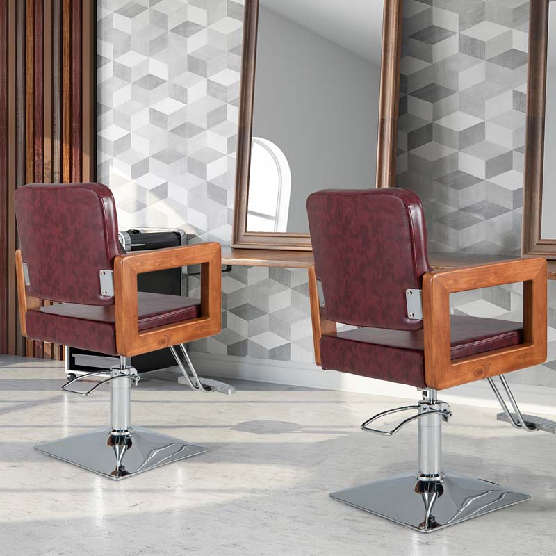 Sleek Red 360° Swivel Barber Salon Chair for Hair Stylist with Wood Armrest, Adjustable Height, Heavy-Duty Hydraulic Pump