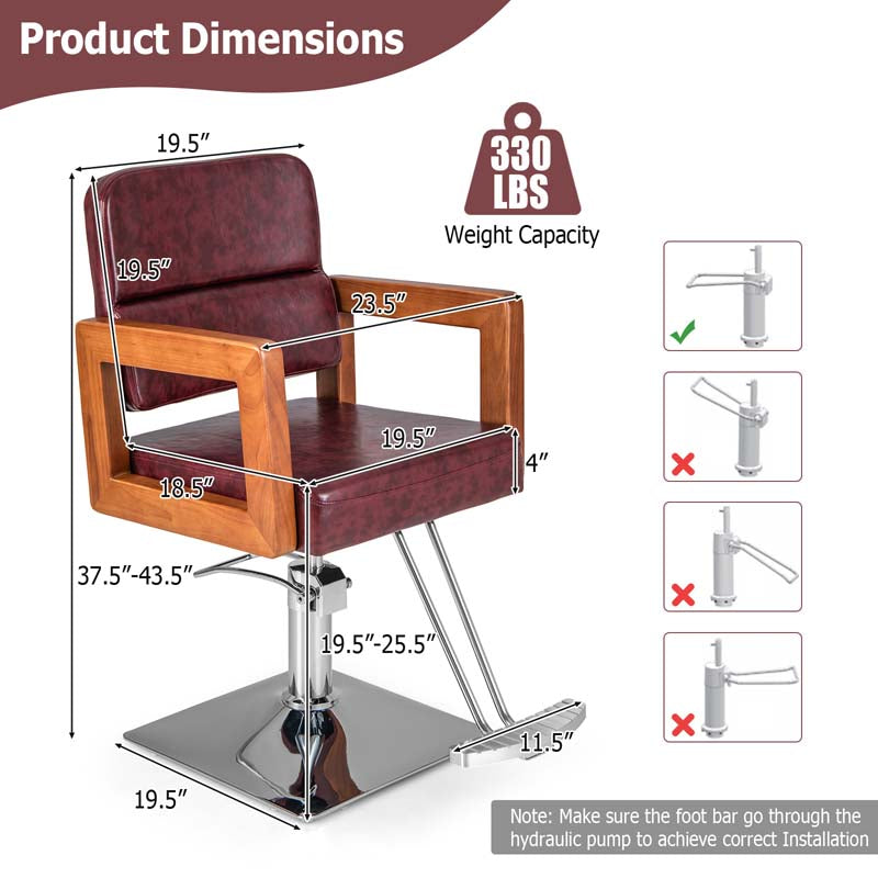 Sleek Red 360° Swivel Barber Salon Chair for Hair Stylist with Wood Armrest, Adjustable Height, Heavy-Duty Hydraulic Pump