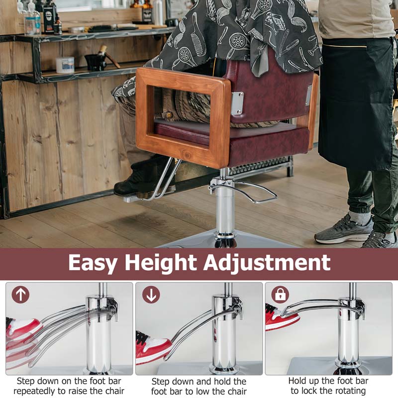Sleek Red 360° Swivel Barber Salon Chair for Hair Stylist with Wood Armrest, Adjustable Height, Heavy-Duty Hydraulic Pump