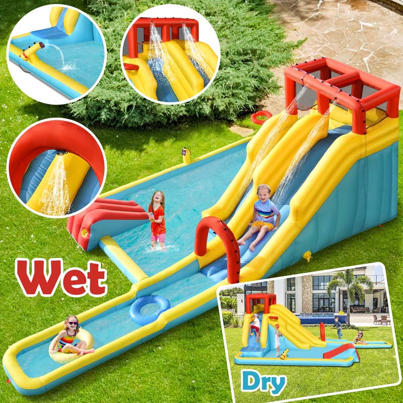 Giant Inflatable Dual Long Slide Water Park Climbing Bouncer with 735W Air Blower, Outdoor Backyard Mega Waterslide for Kids Ages 3-10