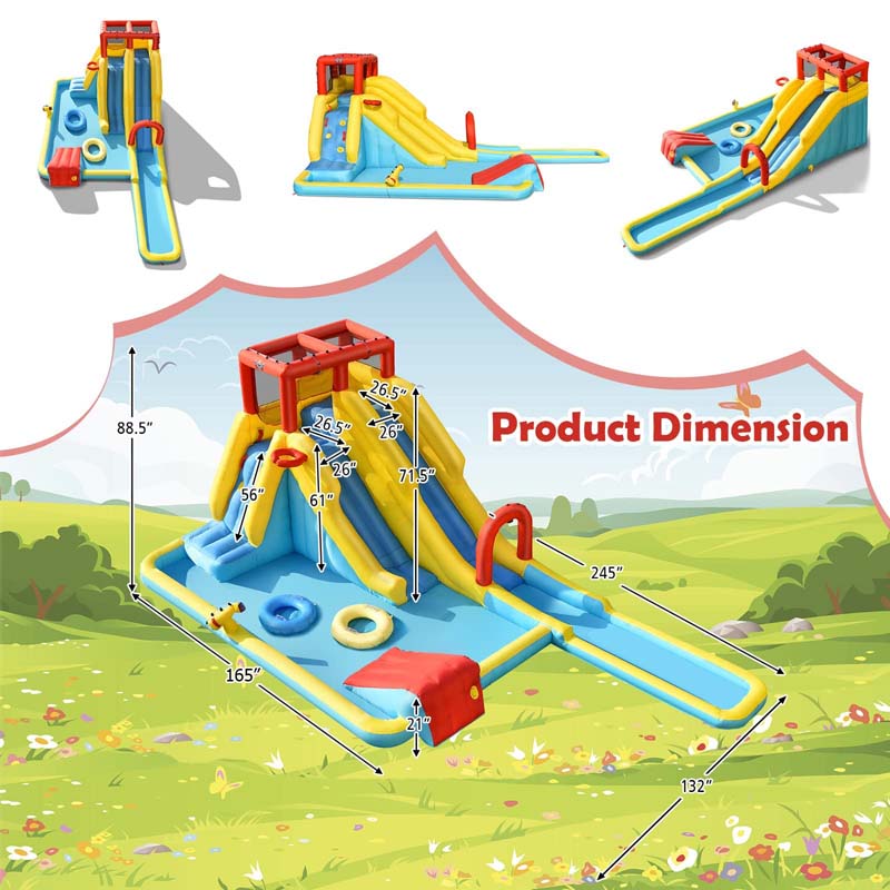 Giant Inflatable Dual Long Slide Water Park Climbing Bouncer with 735W Air Blower, Outdoor Backyard Mega Waterslide for Kids Ages 3-10