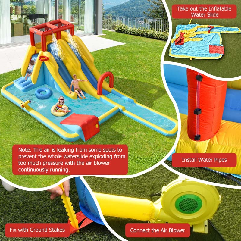 Giant Inflatable Dual Long Slide Water Park Climbing Bouncer with 735W Air Blower, Outdoor Backyard Mega Waterslide for Kids Ages 3-10