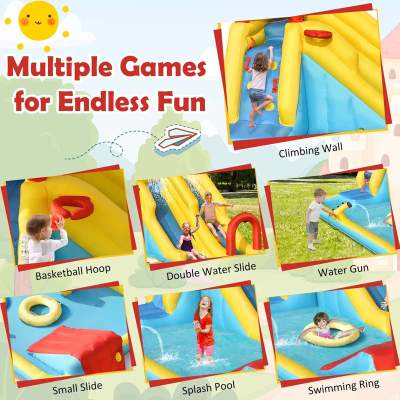Giant Inflatable Dual Long Slide Water Park Climbing Bouncer with 735W Air Blower, Outdoor Backyard Mega Waterslide for Kids Ages 3-10