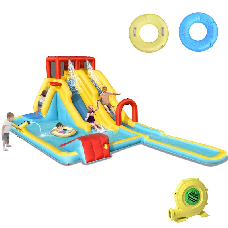 Giant Inflatable Dual Long Slide Water Park Climbing Bouncer with 735W Air Blower, Outdoor Backyard Mega Waterslide for Kids Ages 3-10