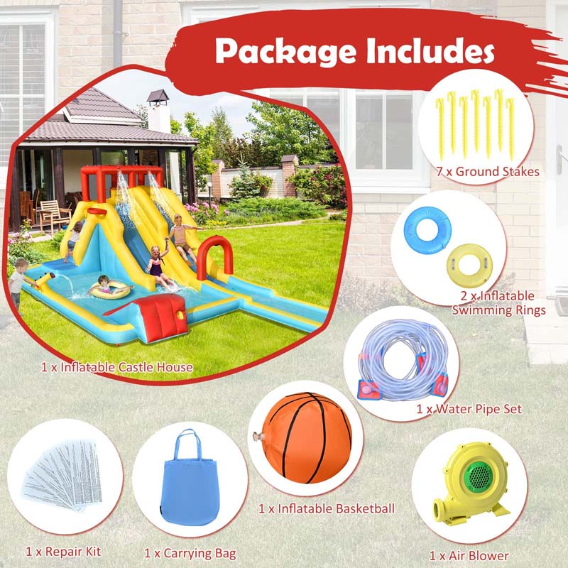Giant Inflatable Dual Long Slide Water Park Climbing Bouncer with 735W Air Blower, Outdoor Backyard Mega Waterslide for Kids Ages 3-10
