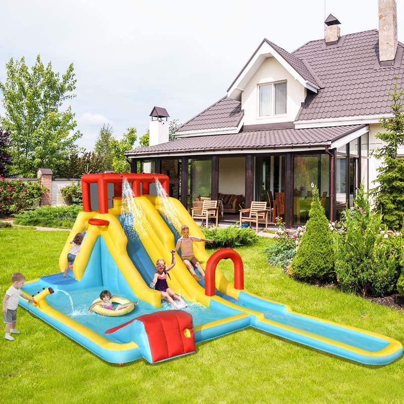 Giant Inflatable Dual Long Slide Water Park Climbing Bouncer with 735W Air Blower, Outdoor Backyard Mega Waterslide for Kids Ages 3-10
