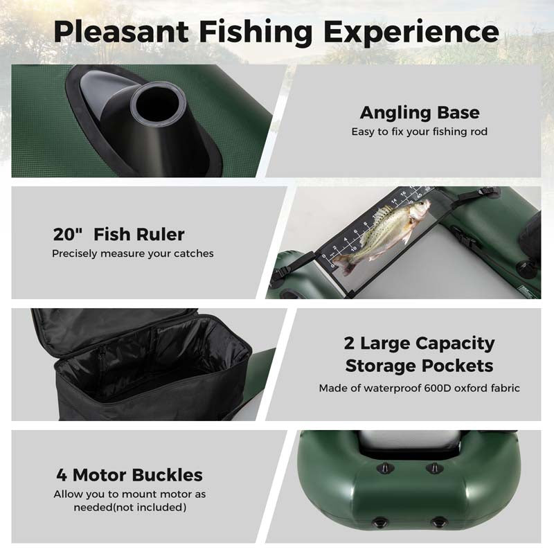 Inflatable Fishing Float Tube with 2 Large Storage Pockets, Angling Base, 20" Fish Ruler & 4 Motor Buckles, 352LBS Capacity Belly Boat for Fly Fishing