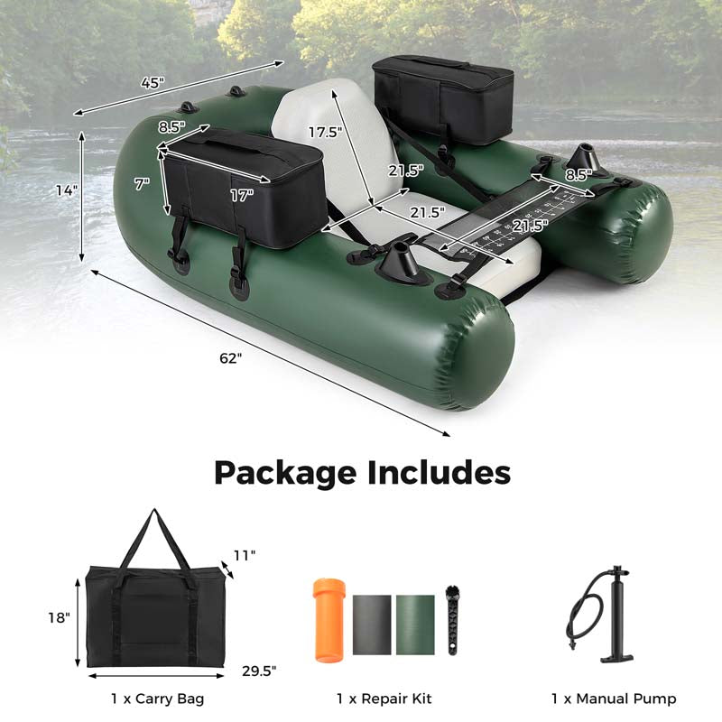 Inflatable Fishing Float Tube with 2 Large Storage Pockets, Angling Base, 20" Fish Ruler & 4 Motor Buckles, 352LBS Capacity Belly Boat for Fly Fishing