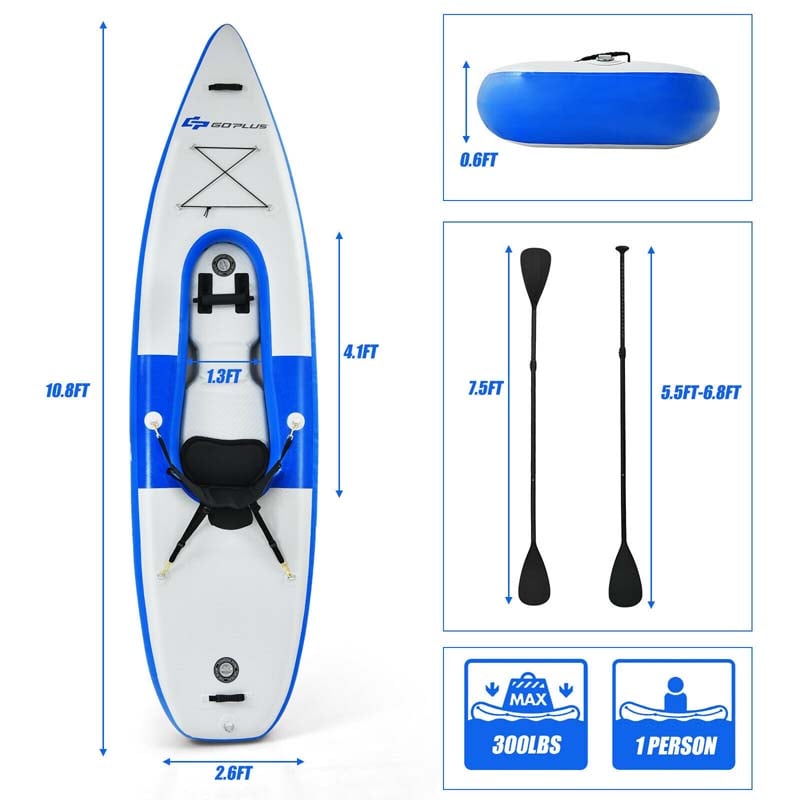 1-Person Inflatable Kayak with Hand Pump & Adjustable Aluminum Oars, 11FT Portable Canoe Boat Raft Kayaks for Fishing Touring