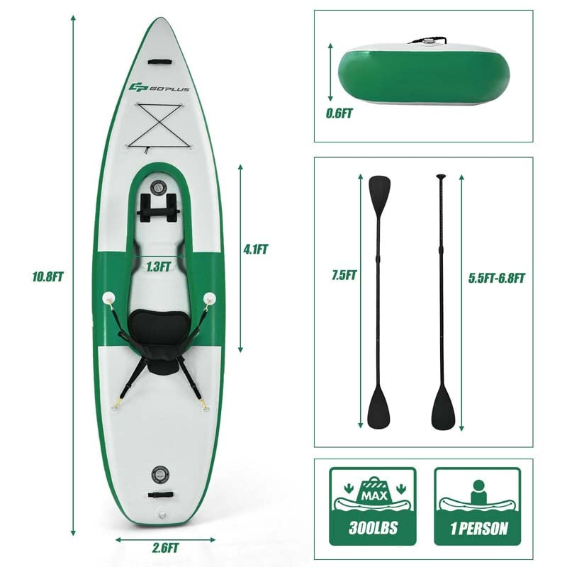 1-Person Inflatable Kayak with Hand Pump & Adjustable Aluminum Oars, 11FT Portable Canoe Boat Raft Kayaks for Fishing Touring