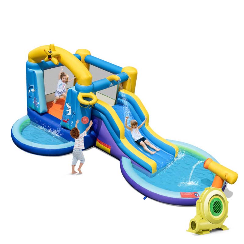 Inflatable Water Slide with Ball Pit, Splash Pool & 735W Blower, Ocean Themed Bounce House Water Park for Kids Ages 3-10 Outdoor Backyard Gifts