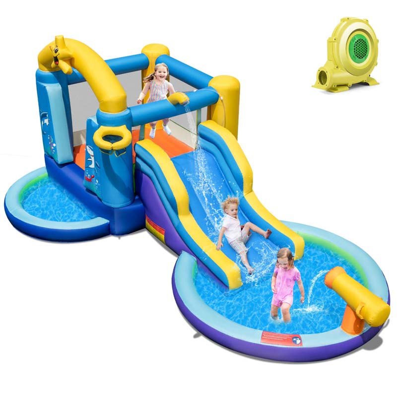 Inflatable Water Slide with Ball Pit, Splash Pool & 735W Blower, Ocean Themed Bounce House Water Park for Kids Ages 3-10 Outdoor Backyard Gifts